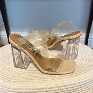 Steve Madden Clear Lucite Block Heel Sandals - Nude/Clear